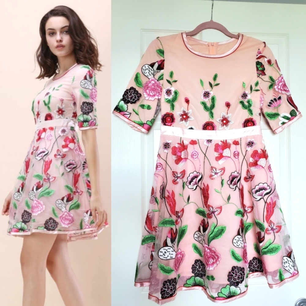 Chicwish embroidered pink mesh floral short dress Medium (fits size small) prom